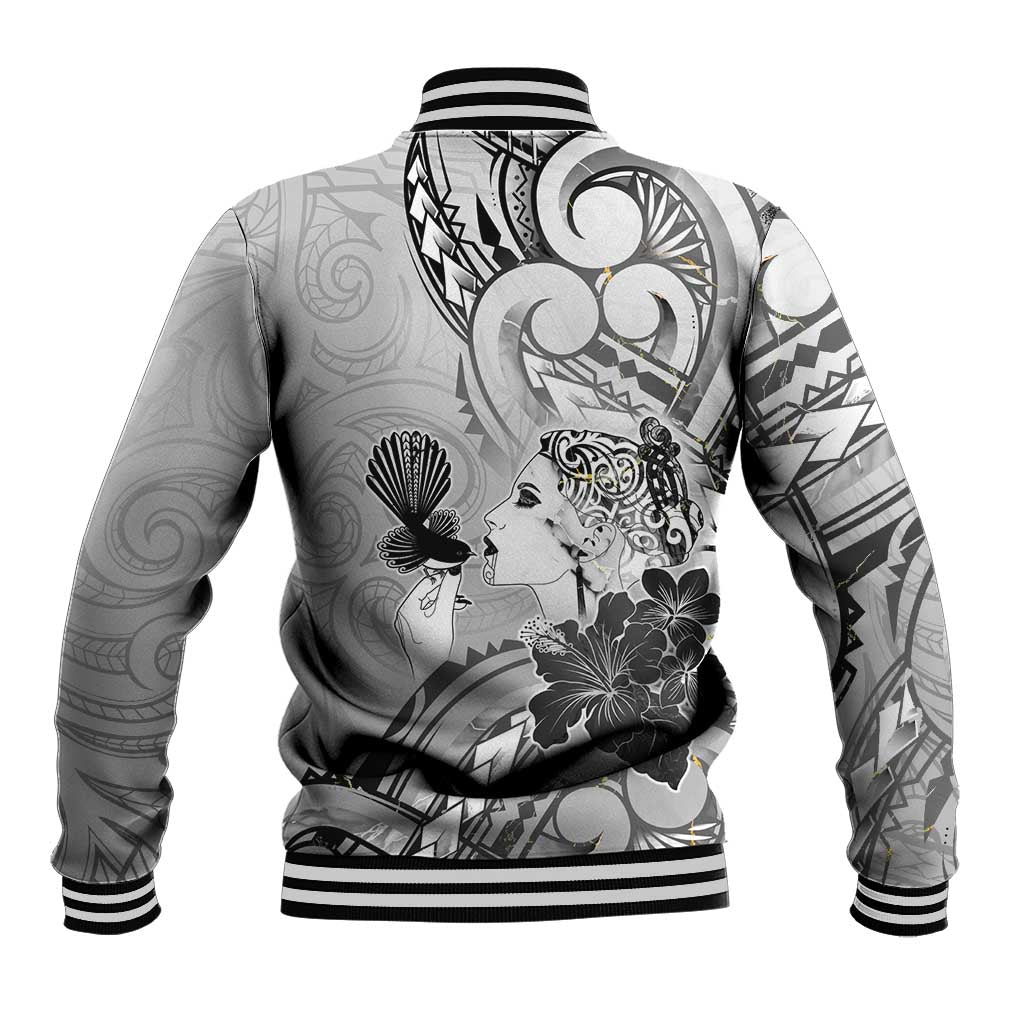 Aotearoa Maori Wahine Baseball Jacket Fantail Bird Black Gold Marble LT05 - Polynesian Pride