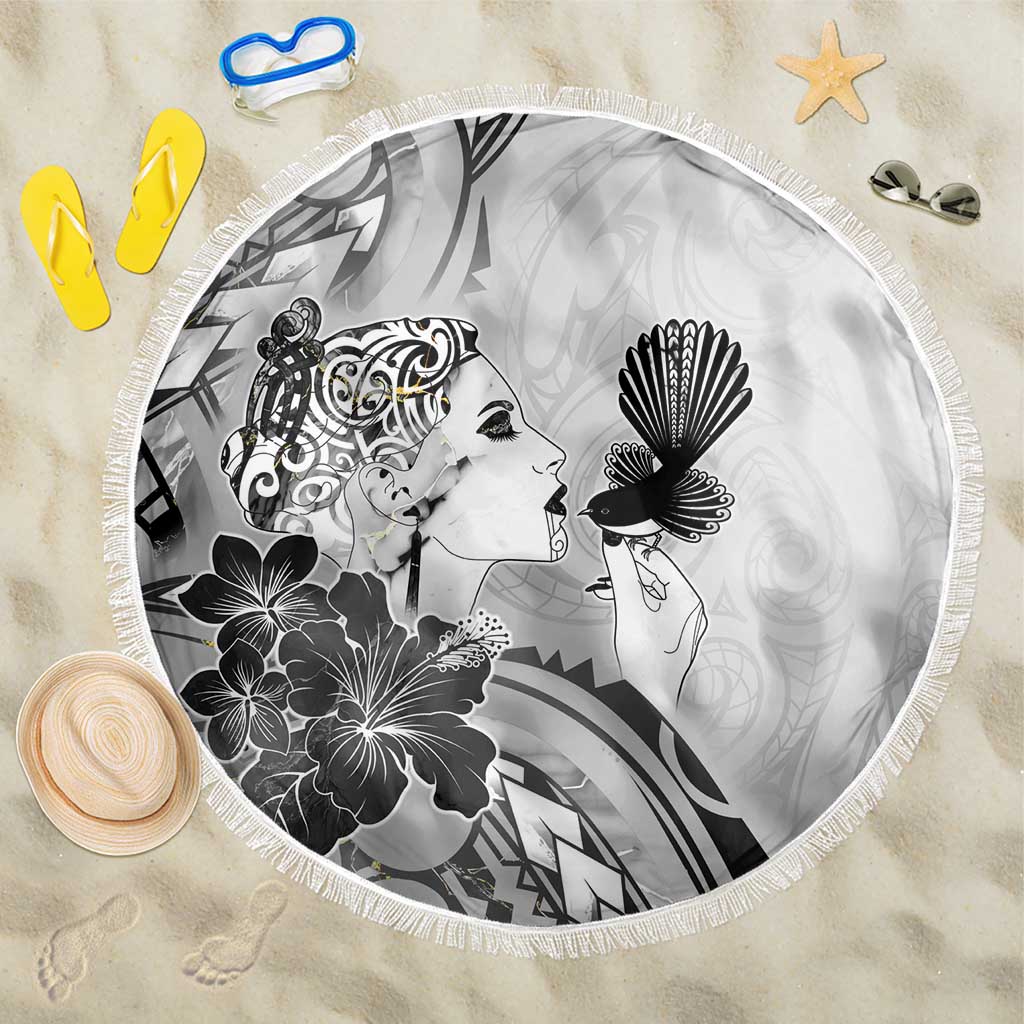 Aotearoa Maori Wahine Beach Blanket Fantail Bird Black Gold Marble LT05 One Size 150cm Black - Polynesian Pride