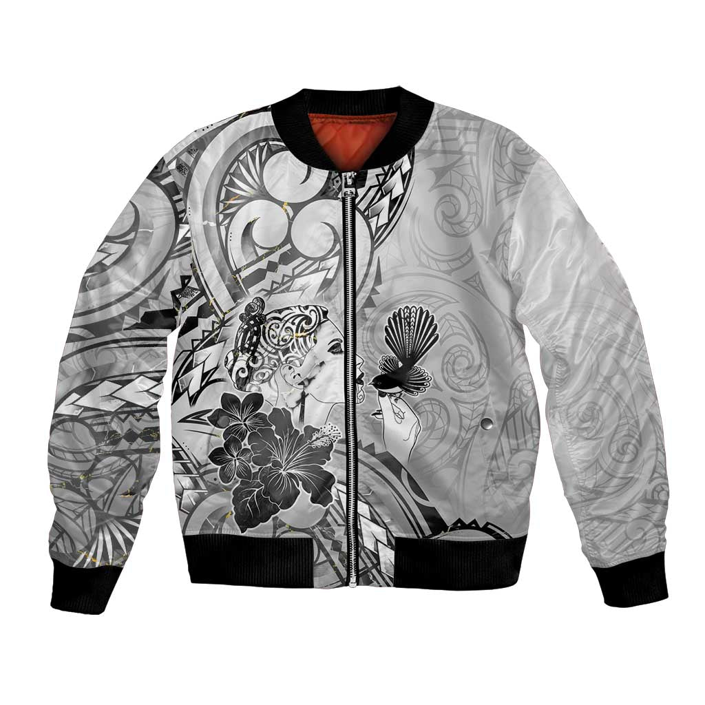 Aotearoa Maori Wahine Bomber Jacket Fantail Bird Black Gold Marble