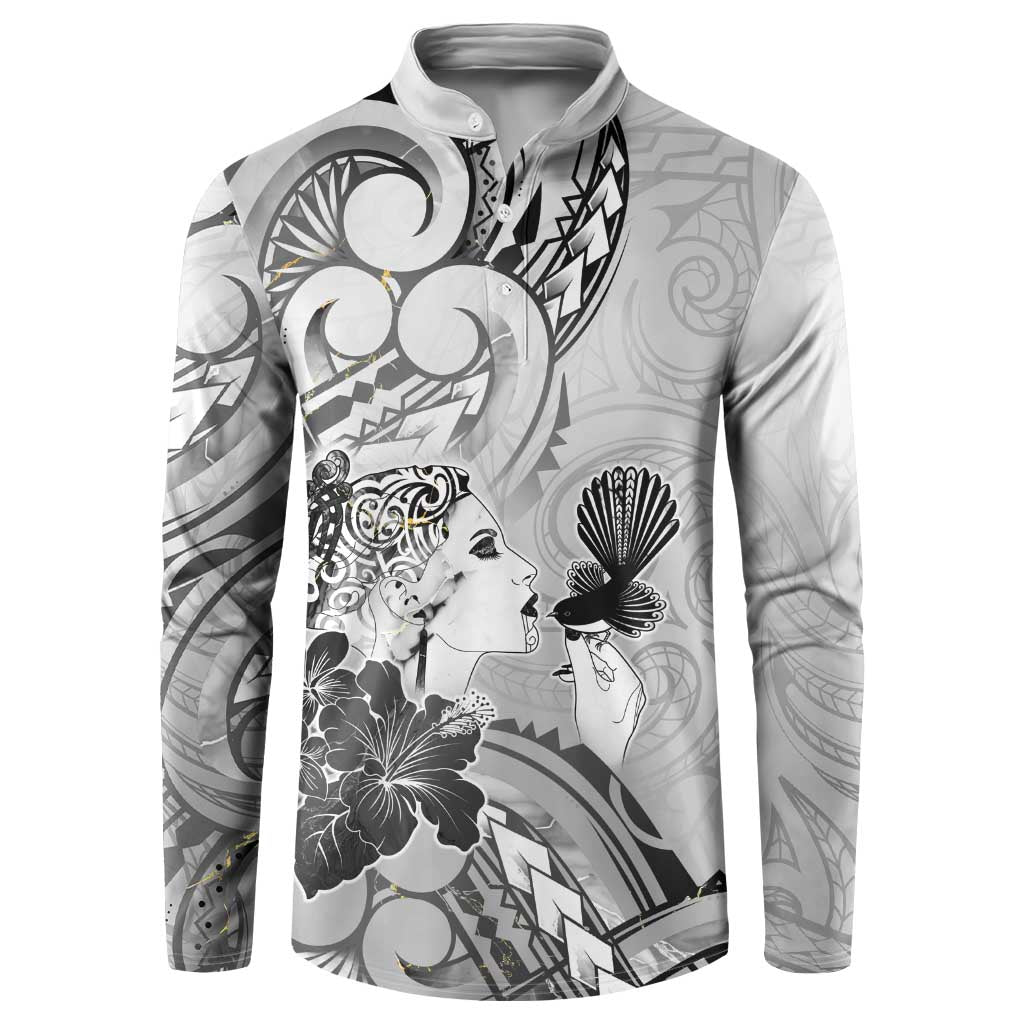 Aotearoa Maori Wahine Button Sweatshirt Fantail Bird Black Gold Marble LT05 Black - Polynesian Pride