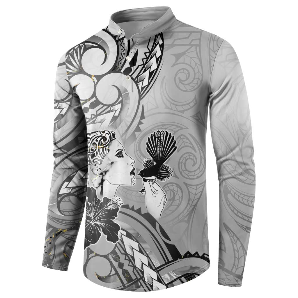 Aotearoa Maori Wahine Button Sweatshirt Fantail Bird Black Gold Marble LT05 - Polynesian Pride