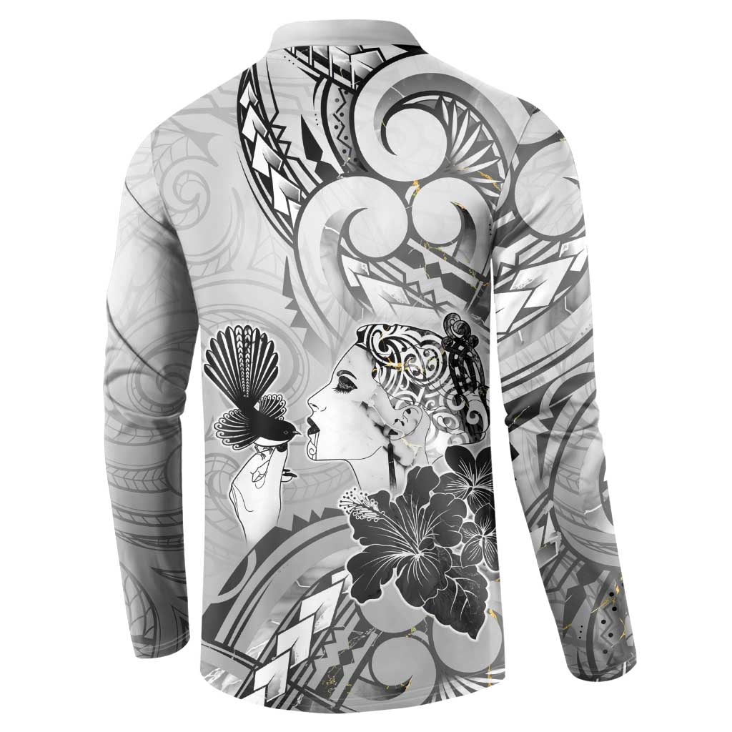 Aotearoa Maori Wahine Button Sweatshirt Fantail Bird Black Gold Marble LT05 - Polynesian Pride