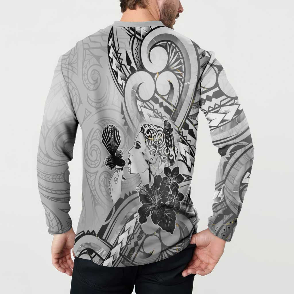 Aotearoa Maori Wahine Button Sweatshirt Fantail Bird Black Gold Marble LT05 - Polynesian Pride