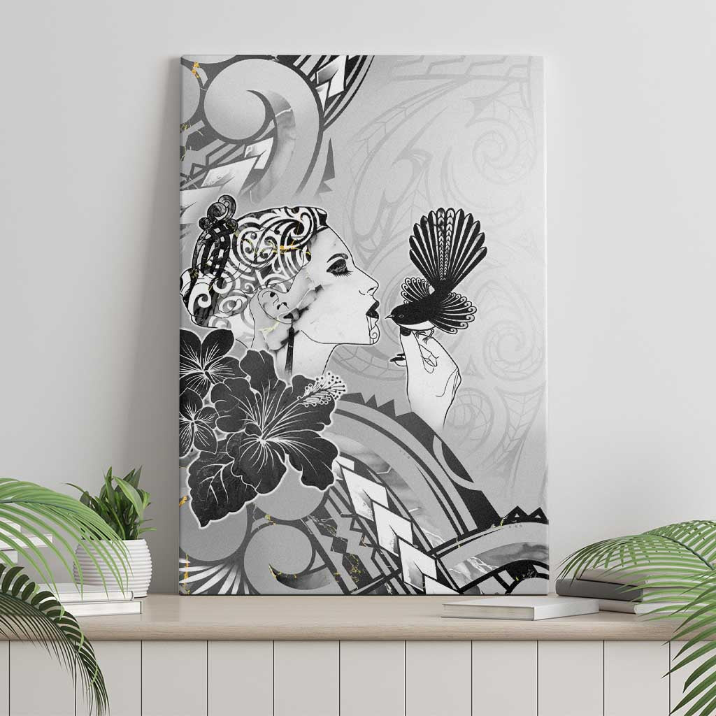 Aotearoa Maori Wahine Canvas Wall Art Fantail Bird Black Gold Marble LT05 - Polynesian Pride