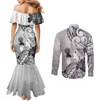 Aotearoa Maori Wahine Couples Matching Mermaid Dress and Long Sleeve Button Shirt Fantail Bird Black Gold Marble