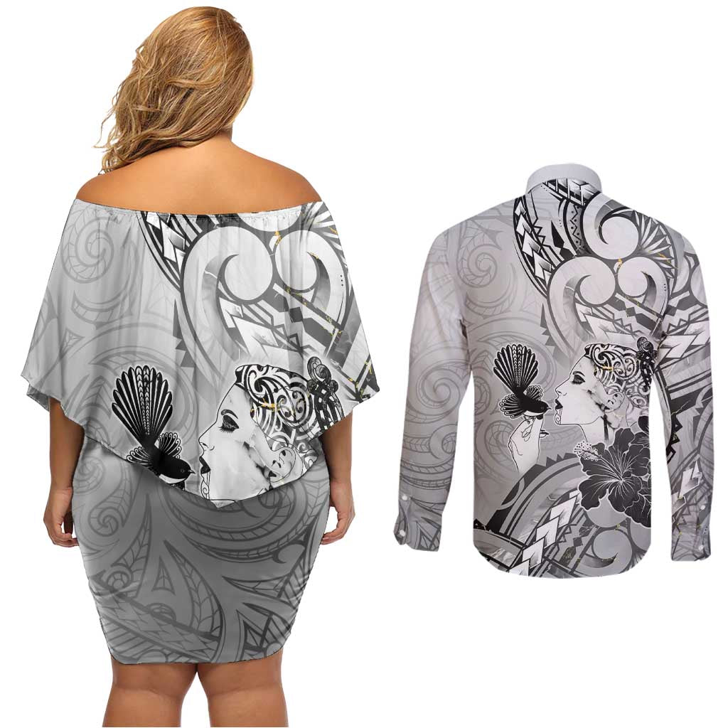 Aotearoa Maori Wahine Couples Matching Off Shoulder Short Dress and Long Sleeve Button Shirt Fantail Bird Black Gold Marble