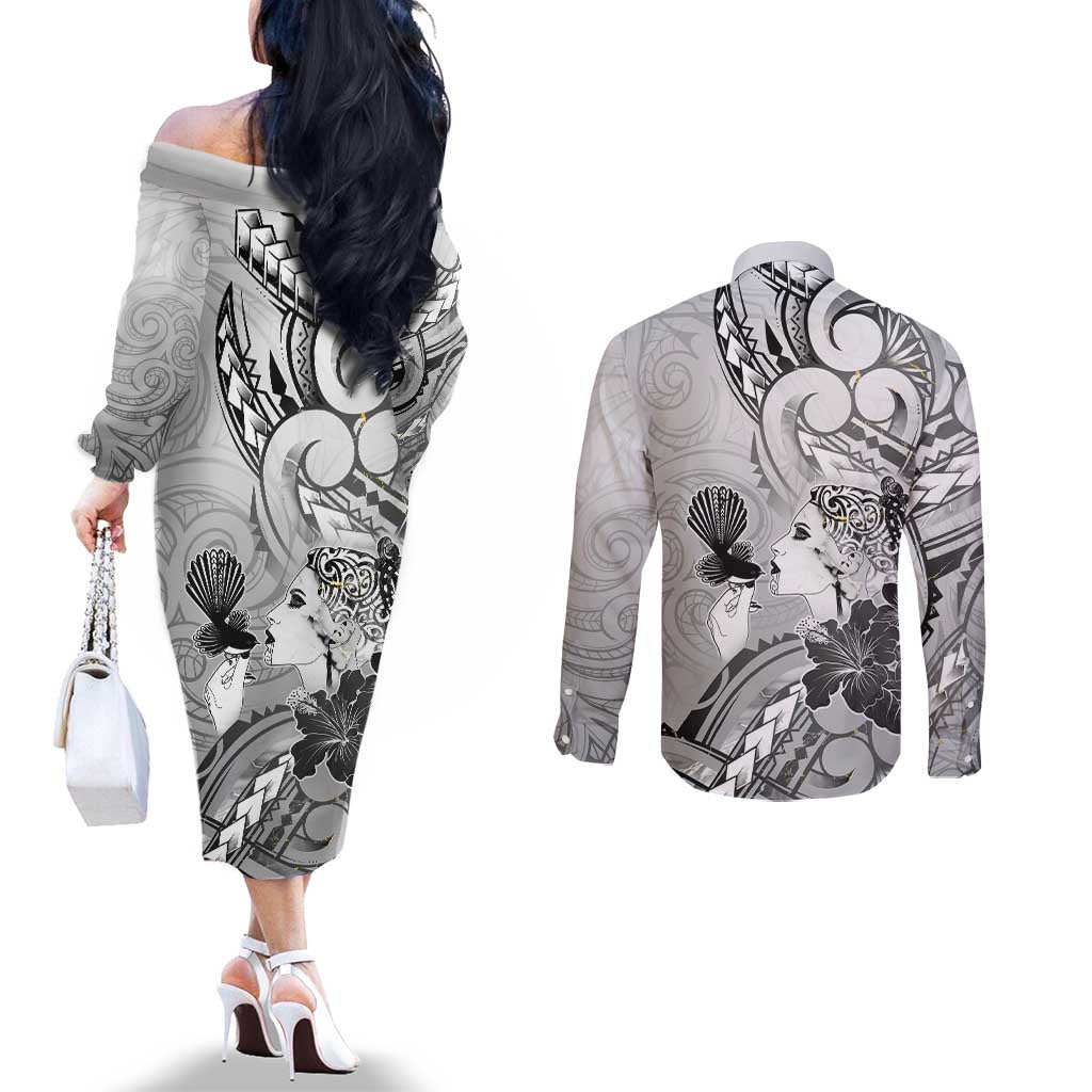 Aotearoa Maori Wahine Couples Matching Off The Shoulder Long Sleeve Dress and Long Sleeve Button Shirt Fantail Bird Black Gold Marble
