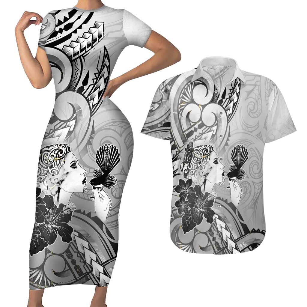 Aotearoa Maori Wahine Couples Matching Short Sleeve Bodycon Dress and Hawaiian Shirt Fantail Bird Black Gold Marble LT05 Black - Polynesian Pride