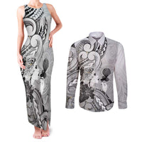 Aotearoa Maori Wahine Couples Matching Tank Maxi Dress and Long Sleeve Button Shirt Fantail Bird Black Gold Marble