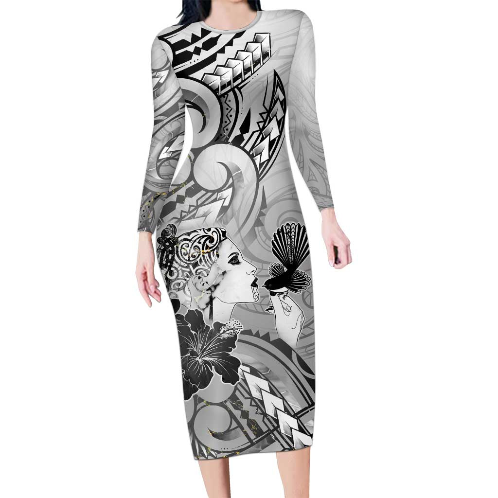 Aotearoa Maori Wahine Family Matching Long Sleeve Bodycon Dress and Hawaiian Shirt Fantail Bird Black Gold Marble