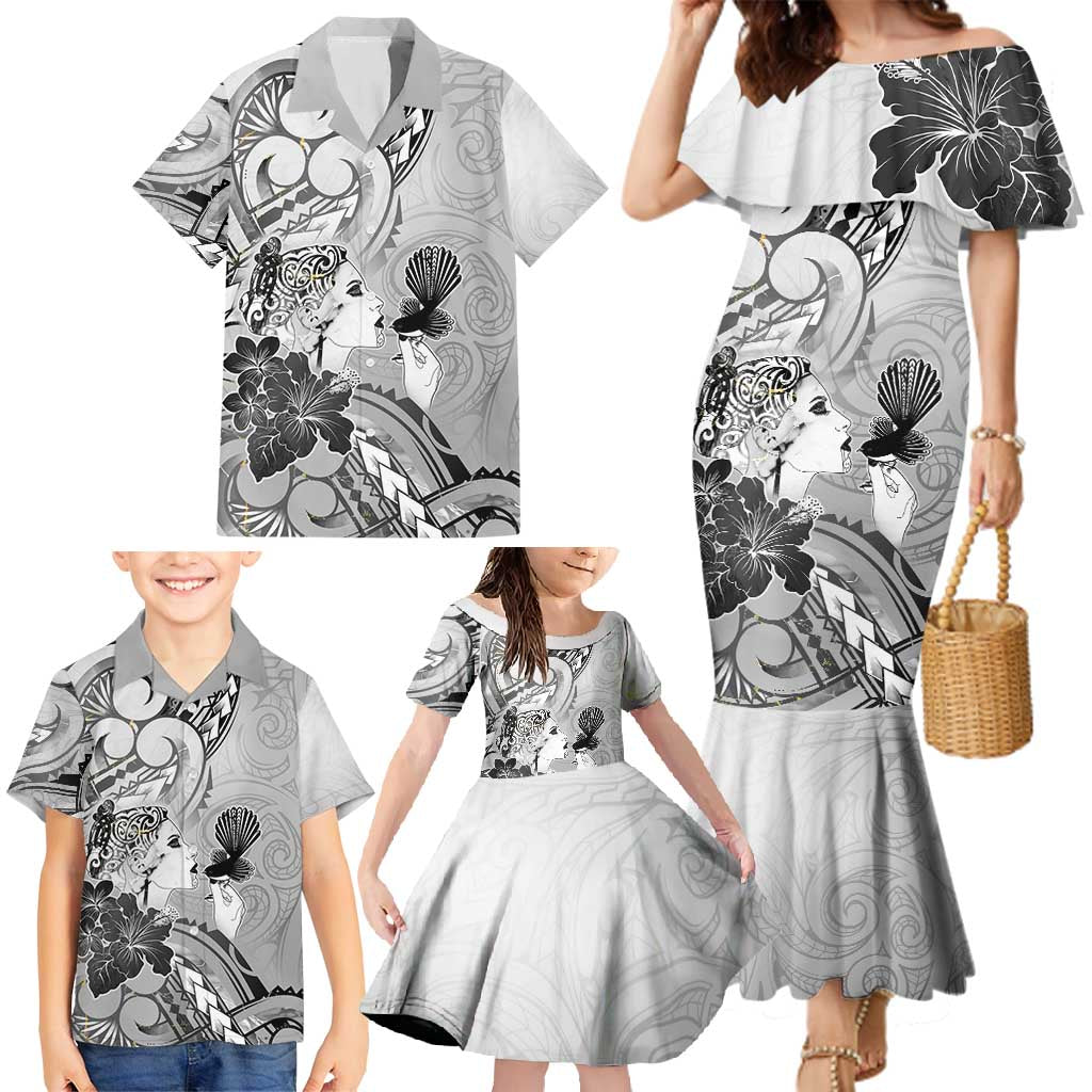 Aotearoa Maori Wahine Family Matching Mermaid Dress and Hawaiian Shirt Fantail Bird Black Gold Marble