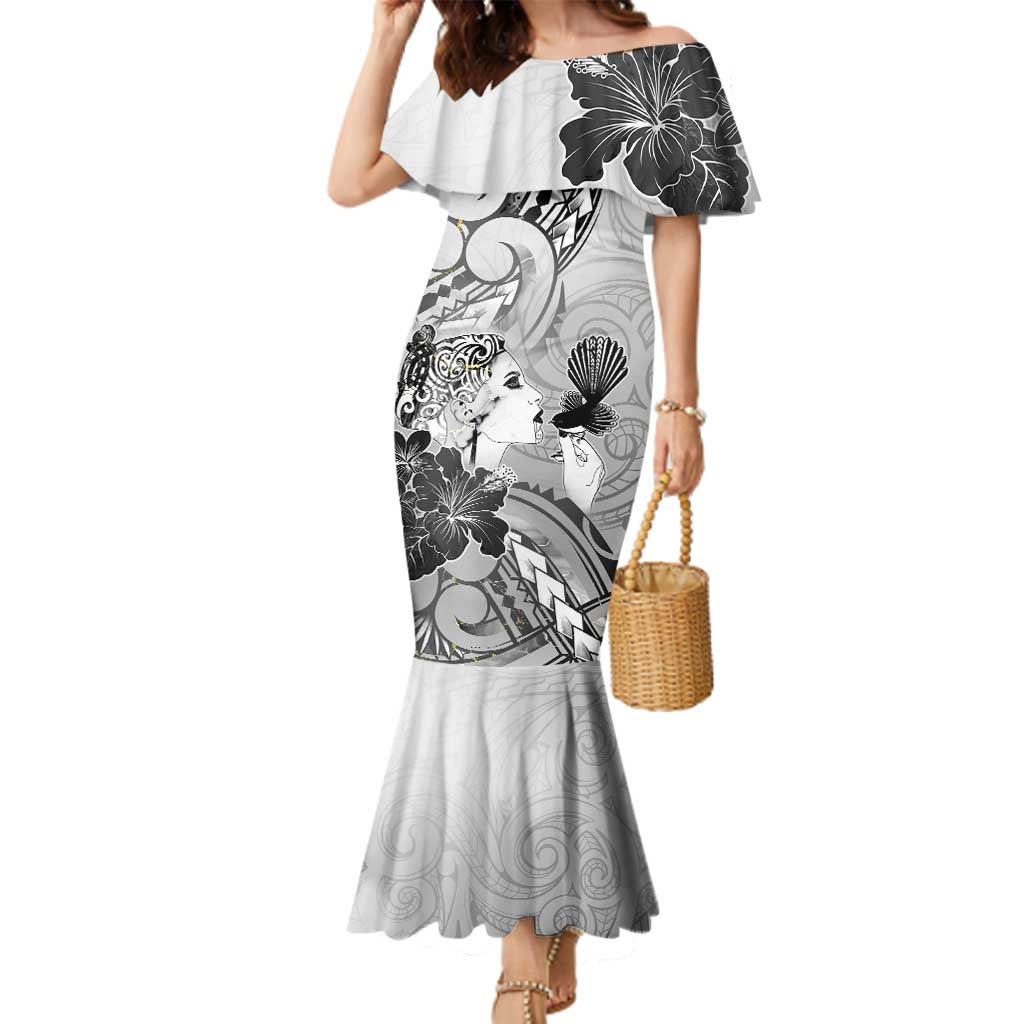 Aotearoa Maori Wahine Family Matching Mermaid Dress and Hawaiian Shirt Fantail Bird Black Gold Marble