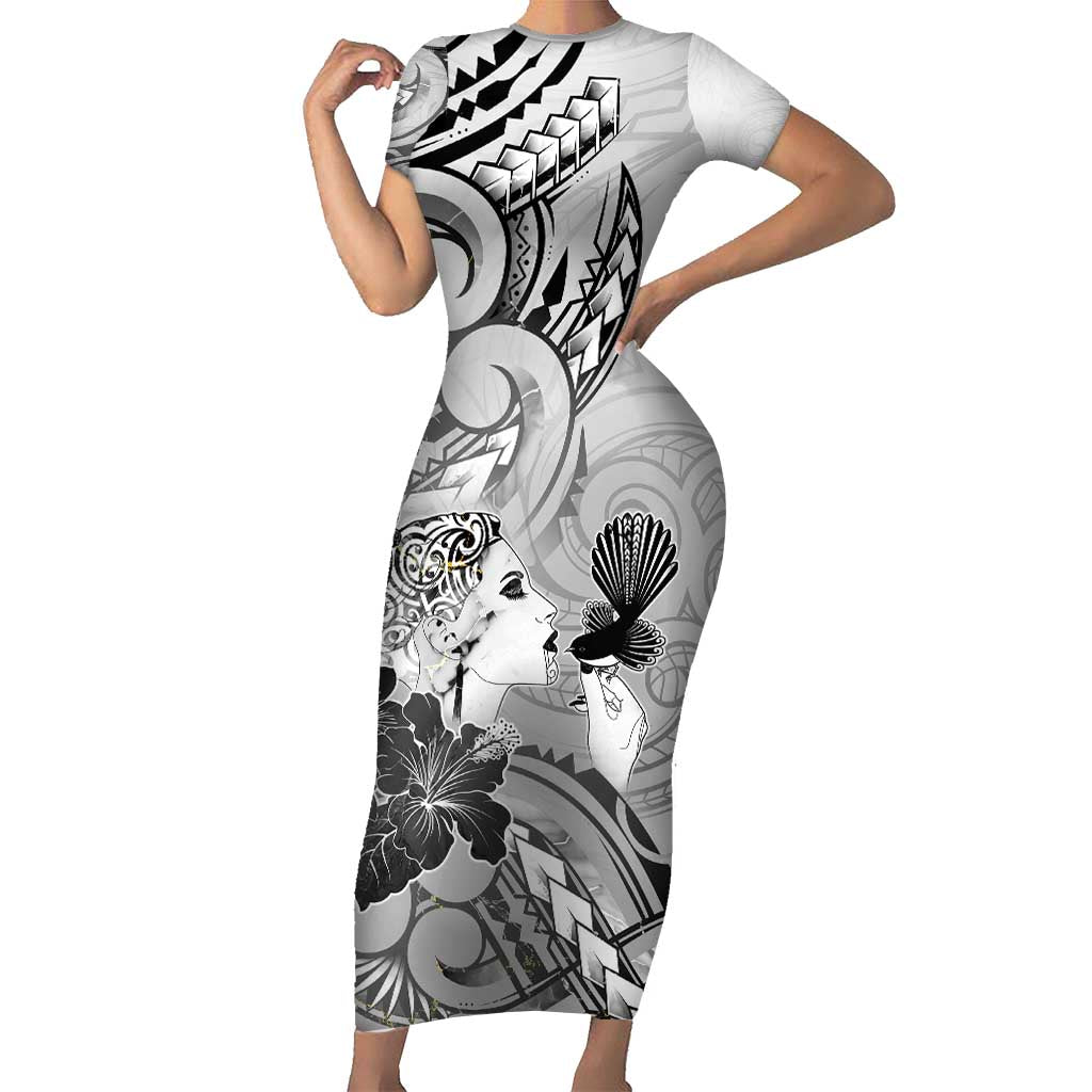 Aotearoa Maori Wahine Family Matching Short Sleeve Bodycon Dress and Hawaiian Shirt Fantail Bird Black Gold Marble