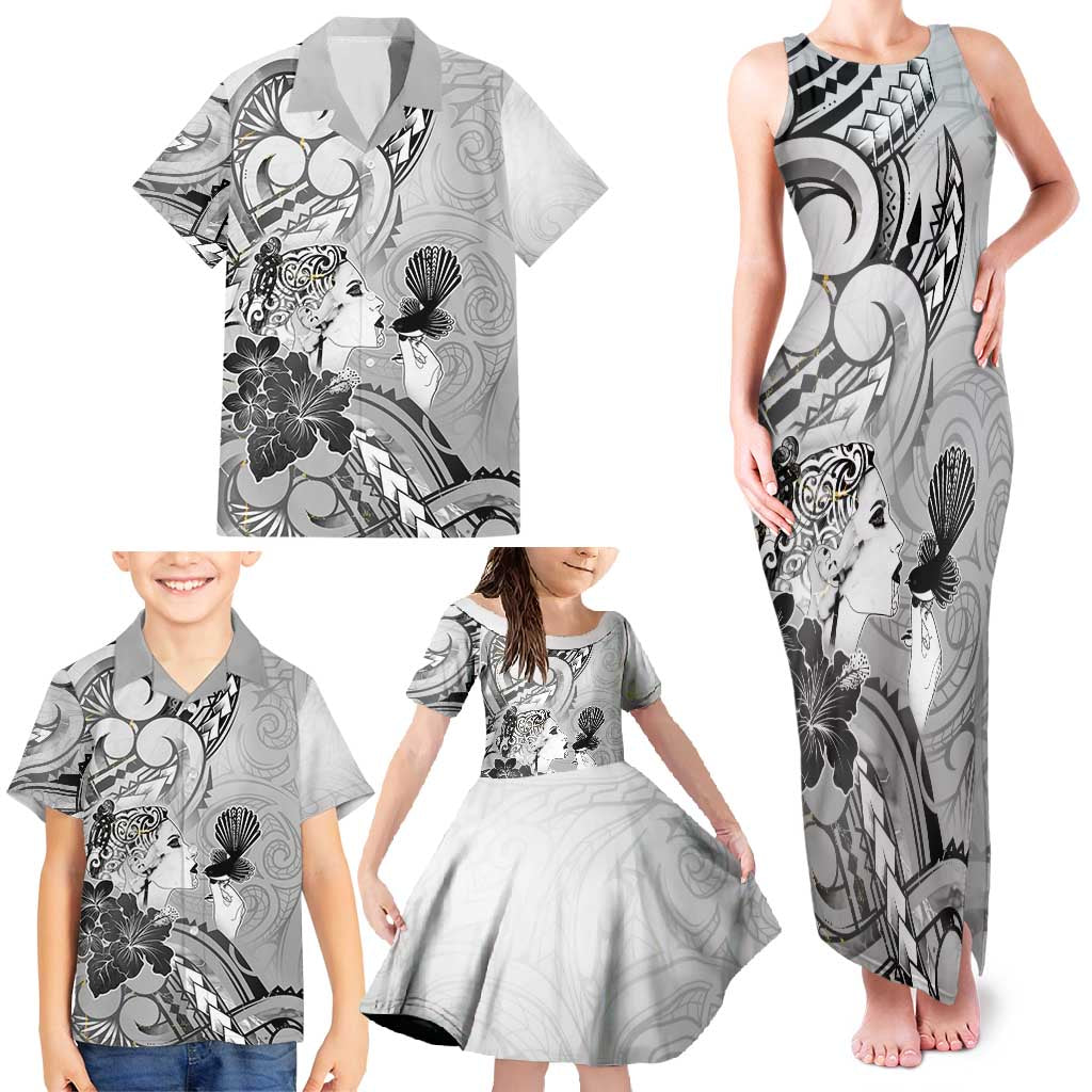 Aotearoa Maori Wahine Family Matching Tank Maxi Dress and Hawaiian Shirt Fantail Bird Black Gold Marble