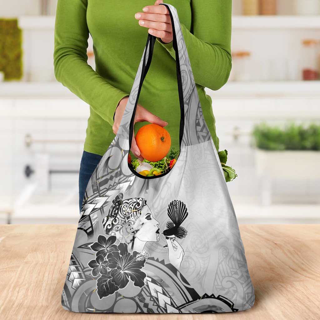 Aotearoa Maori Wahine Grocery Bag Fantail Bird Black Gold Marble