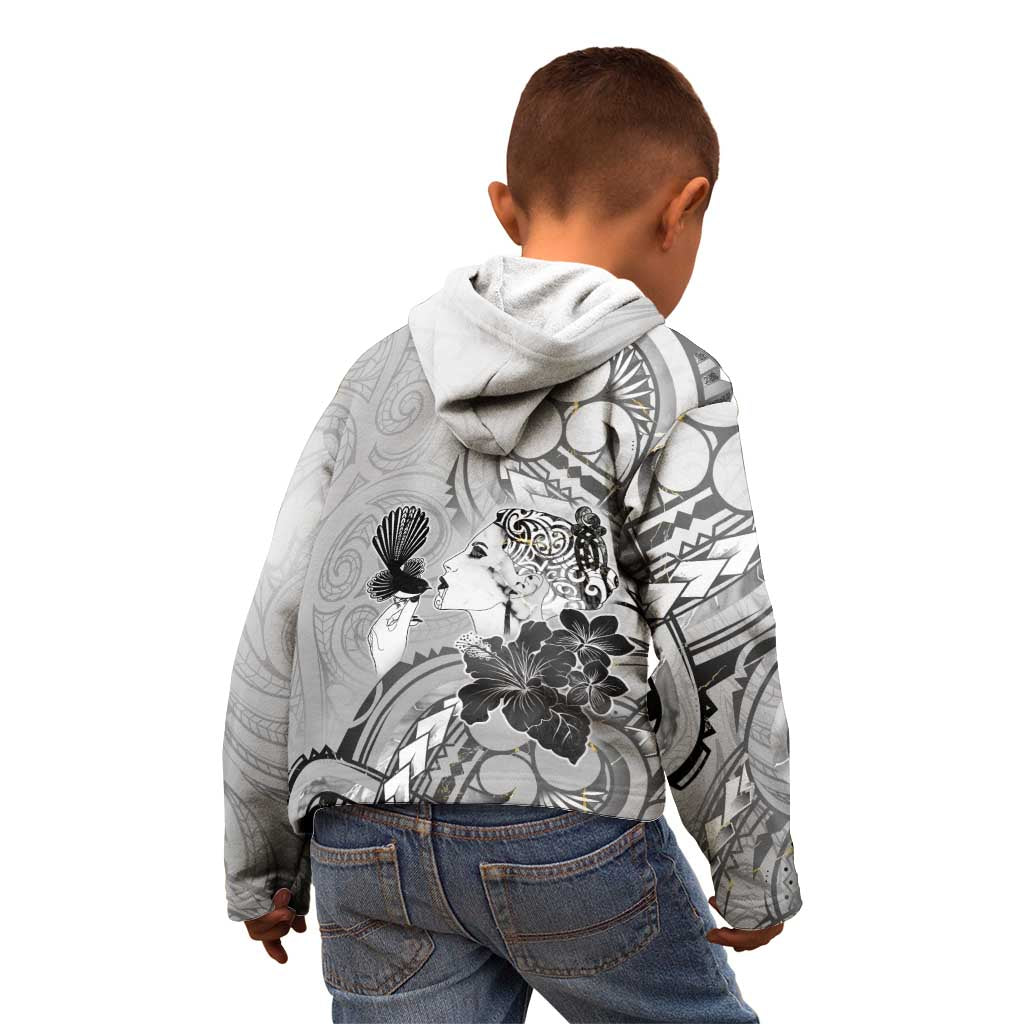 Aotearoa Maori Wahine Kid Hoodie Fantail Bird Black Gold Marble