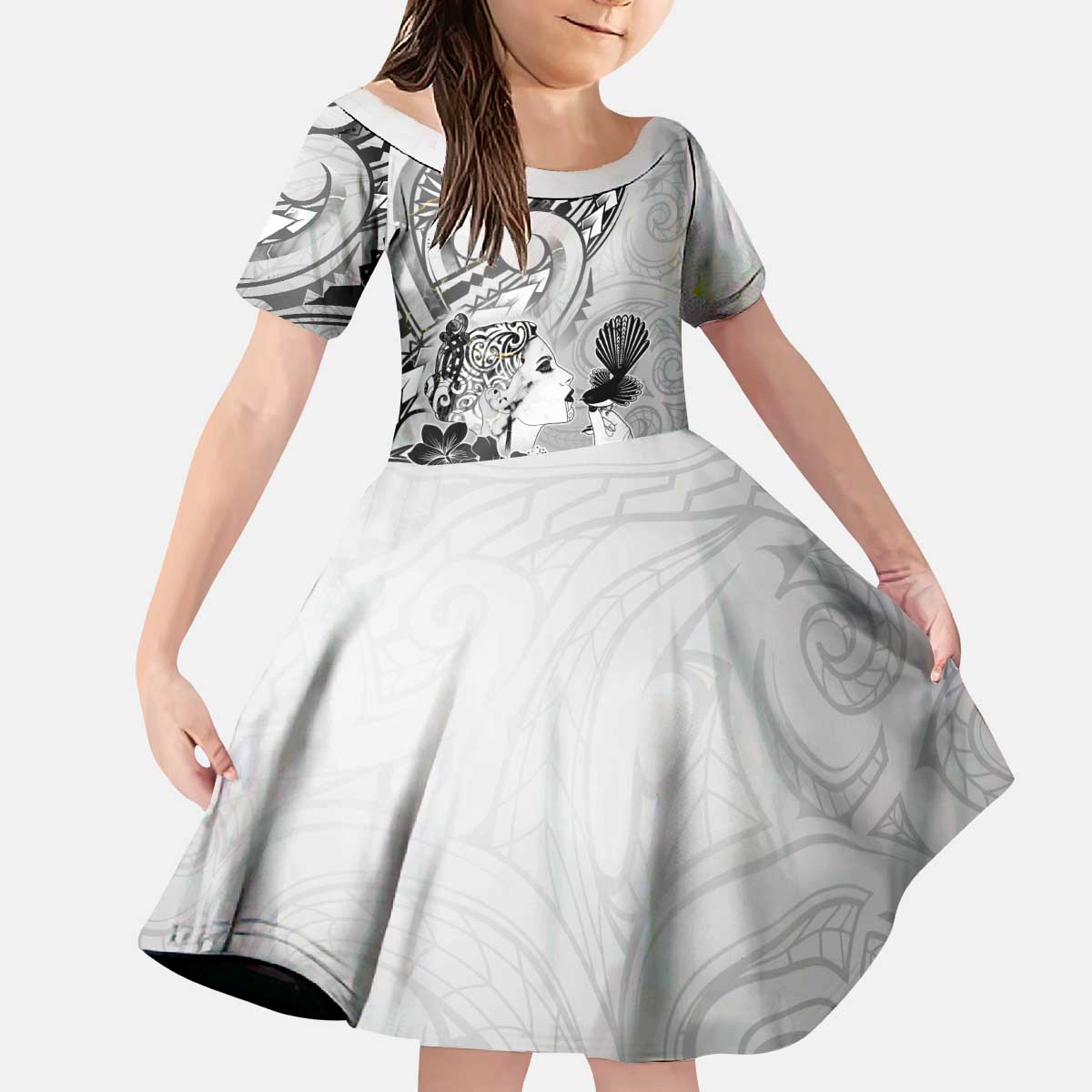 Aotearoa Maori Wahine Kid Short Sleeve Dress Fantail Bird Black Gold Marble LT05 KID Black - Polynesian Pride