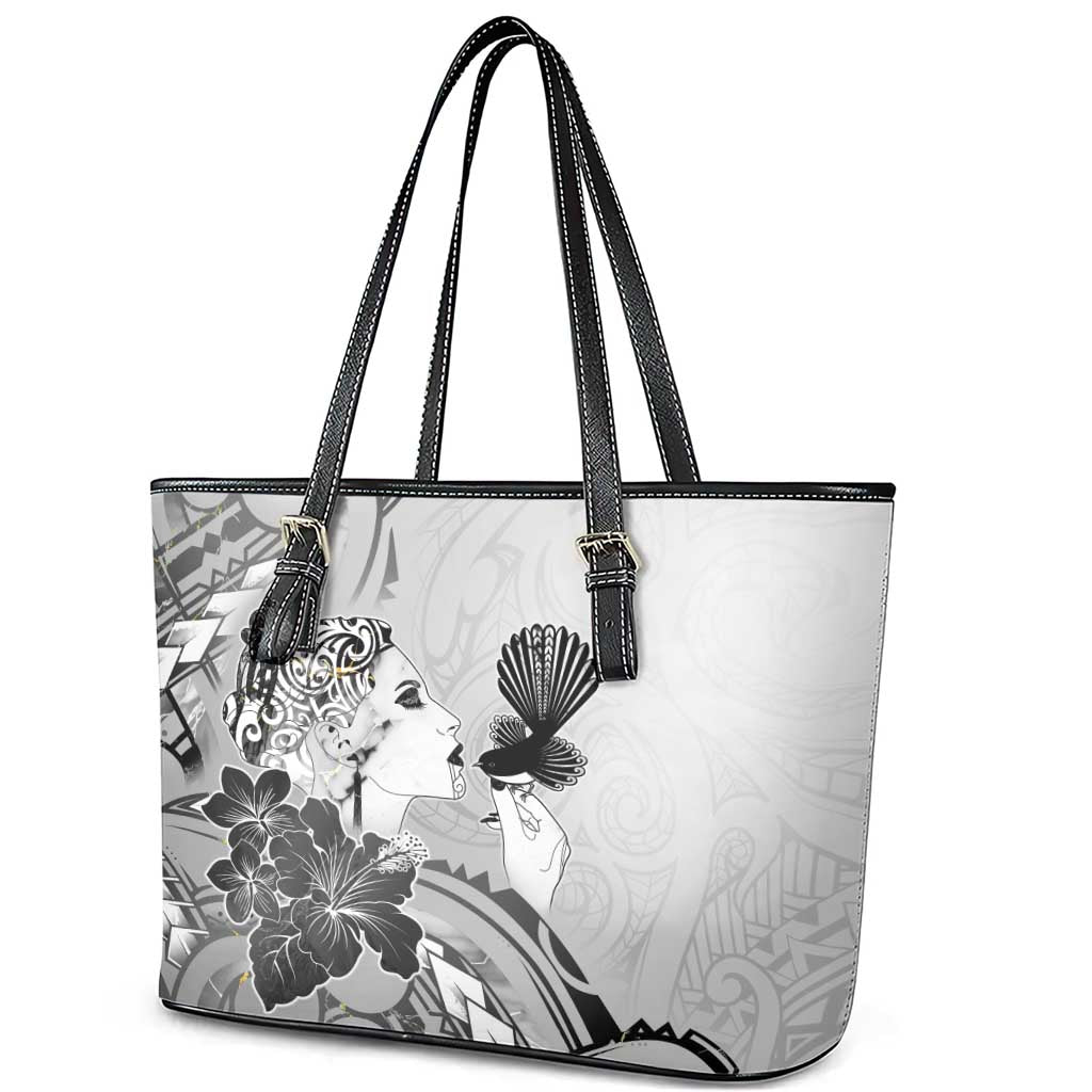 Aotearoa Maori Wahine Leather Tote Bag Fantail Bird Black Gold Marble