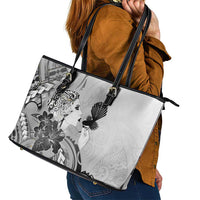 Aotearoa Maori Wahine Leather Tote Bag Fantail Bird Black Gold Marble