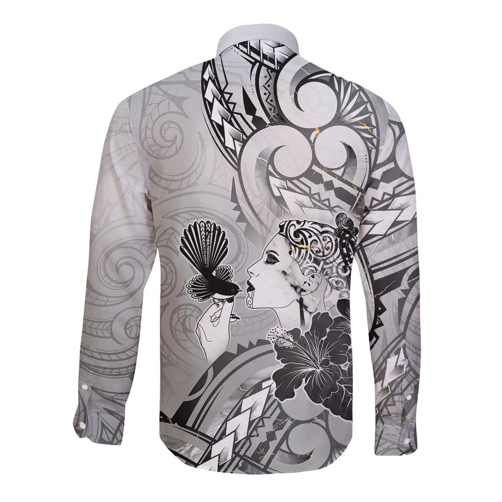 Aotearoa Maori Wahine Long Sleeve Button Shirt Fantail Bird Black Gold Marble LT05 - Polynesian Pride