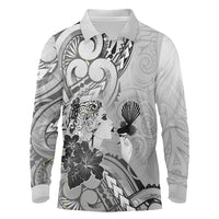 Aotearoa Maori Wahine Long Sleeve Polo Shirt Fantail Bird Black Gold Marble