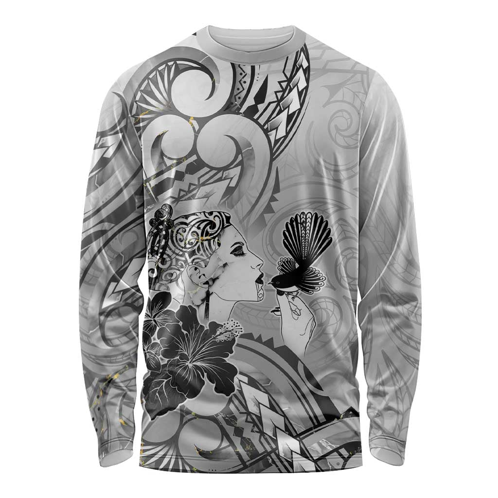 Aotearoa Maori Wahine Long Sleeve Shirt Fantail Bird Black Gold Marble LT05 Unisex Black - Polynesian Pride