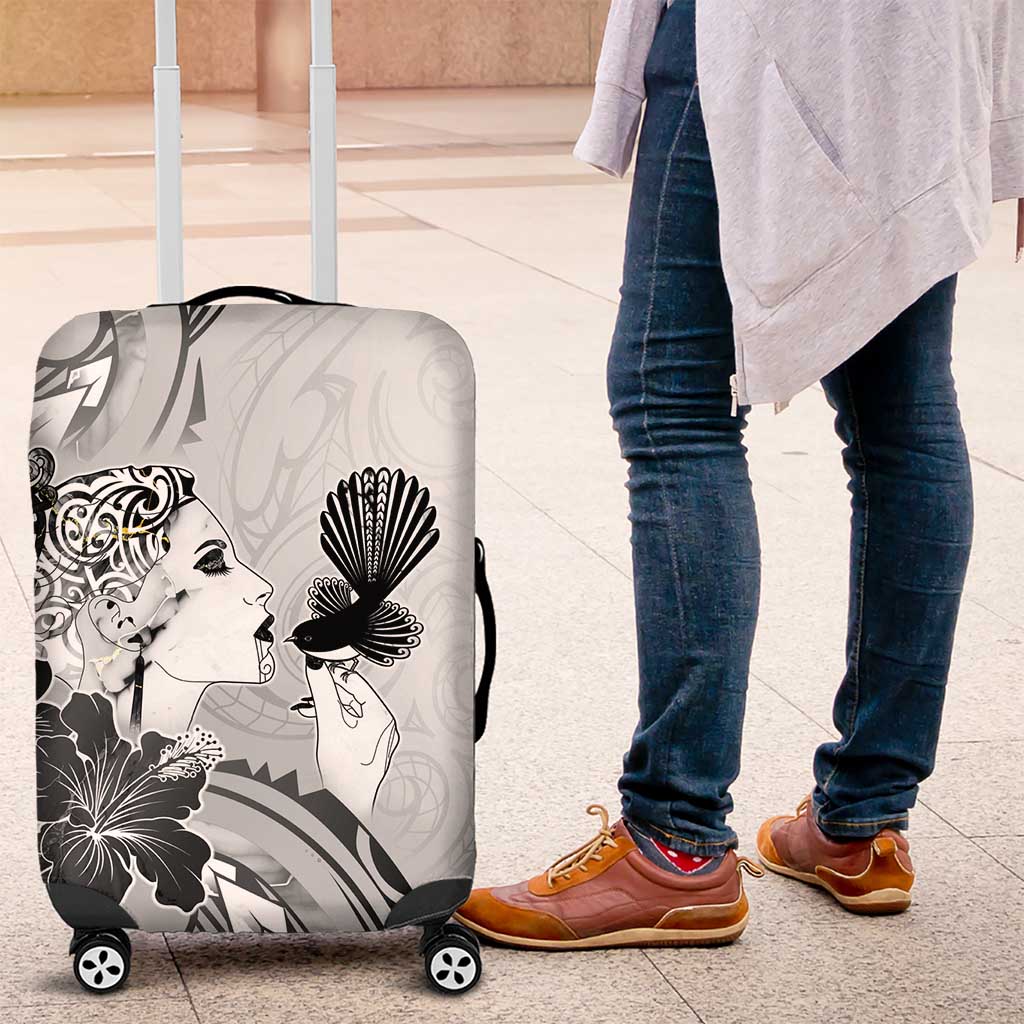 Aotearoa Maori Wahine Luggage Cover Fantail Bird Black Gold Marble