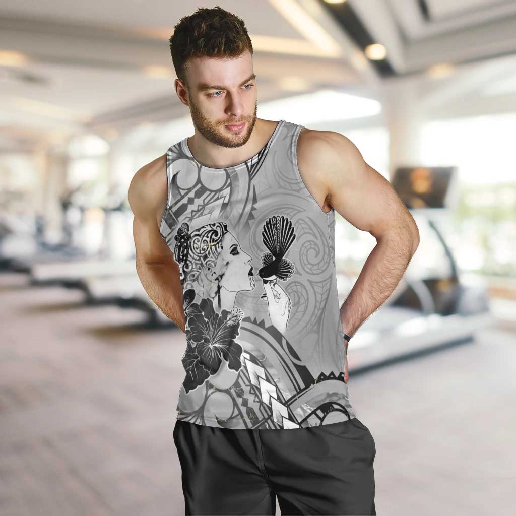Aotearoa Maori Wahine Men Tank Top Fantail Bird Black Gold Marble LT05 Black - Polynesian Pride