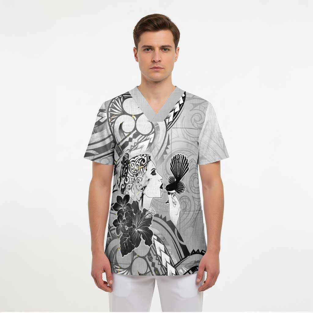 Aotearoa Maori Wahine Scrub Top Fantail Bird Black Gold Marble - Polynesian Pride