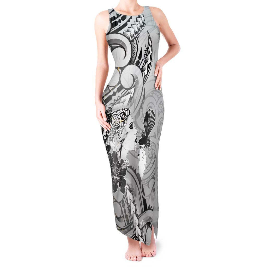 Aotearoa Maori Wahine Tank Maxi Dress Fantail Bird Black Gold Marble