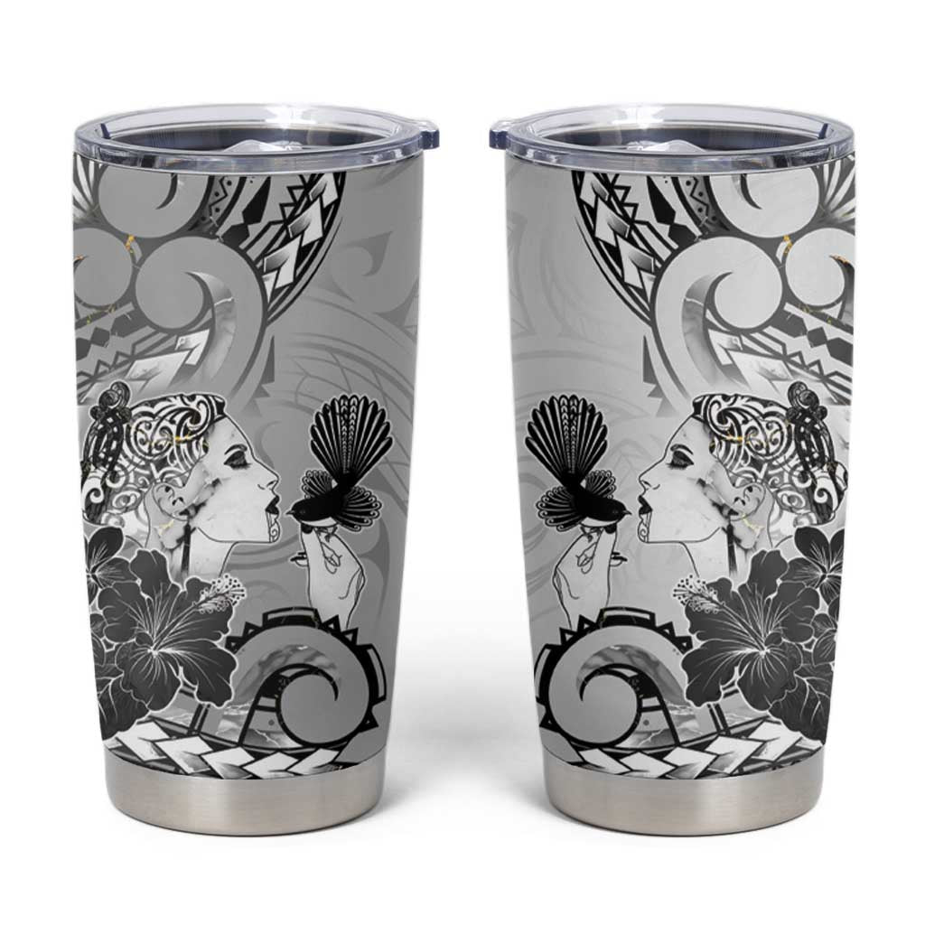 Aotearoa Maori Wahine Tumbler Cup Fantail Bird Black Gold Marble LT05 Black - Polynesian Pride