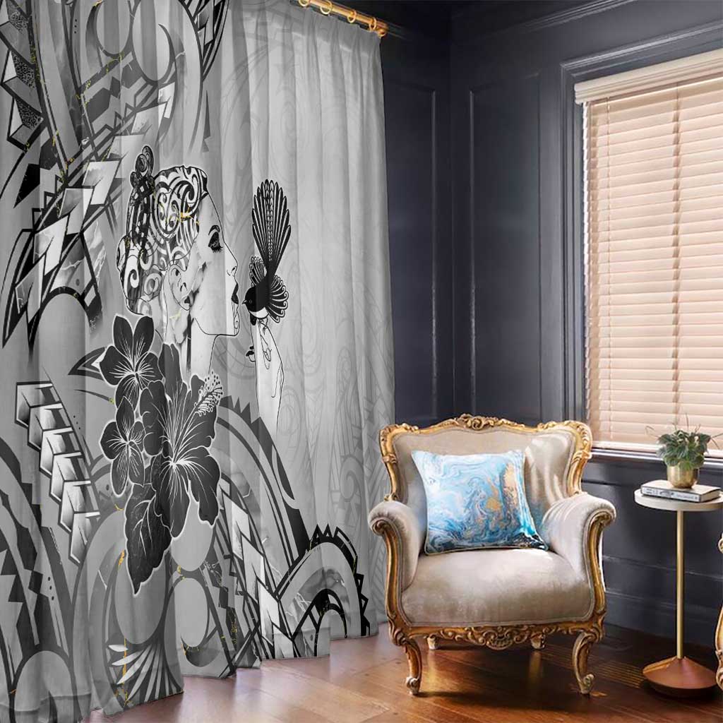 Aotearoa Maori Wahine Window Curtain Fantail Bird Black Gold Marble LT05 - Polynesian Pride