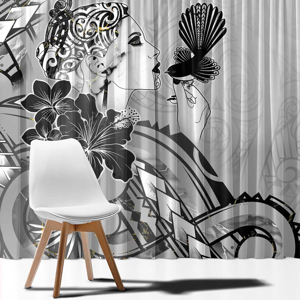 Aotearoa Maori Wahine Window Curtain Fantail Bird Black Gold Marble LT05 - Polynesian Pride