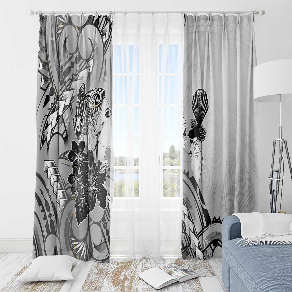 Aotearoa Maori Wahine Window Curtain Fantail Bird Black Gold Marble LT05 - Polynesian Pride