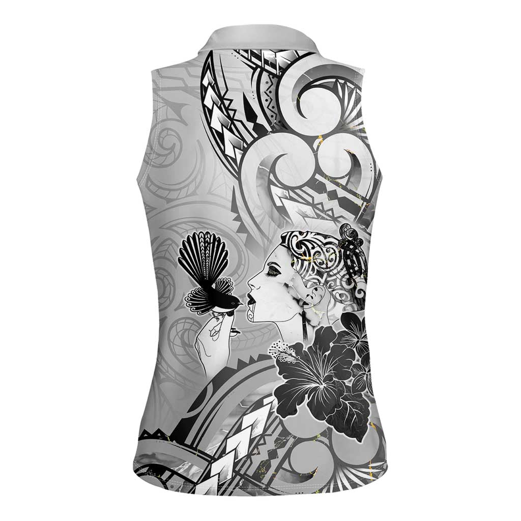 Aotearoa Maori Wahine Women Sleeveless Polo Shirt Fantail Bird Black Gold Marble