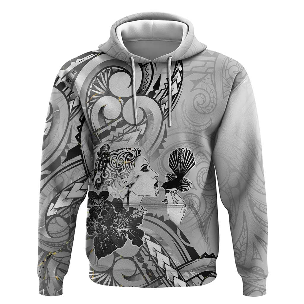 Aotearoa Maori Wahine Zip Hoodie Fantail Bird Black Gold Marble