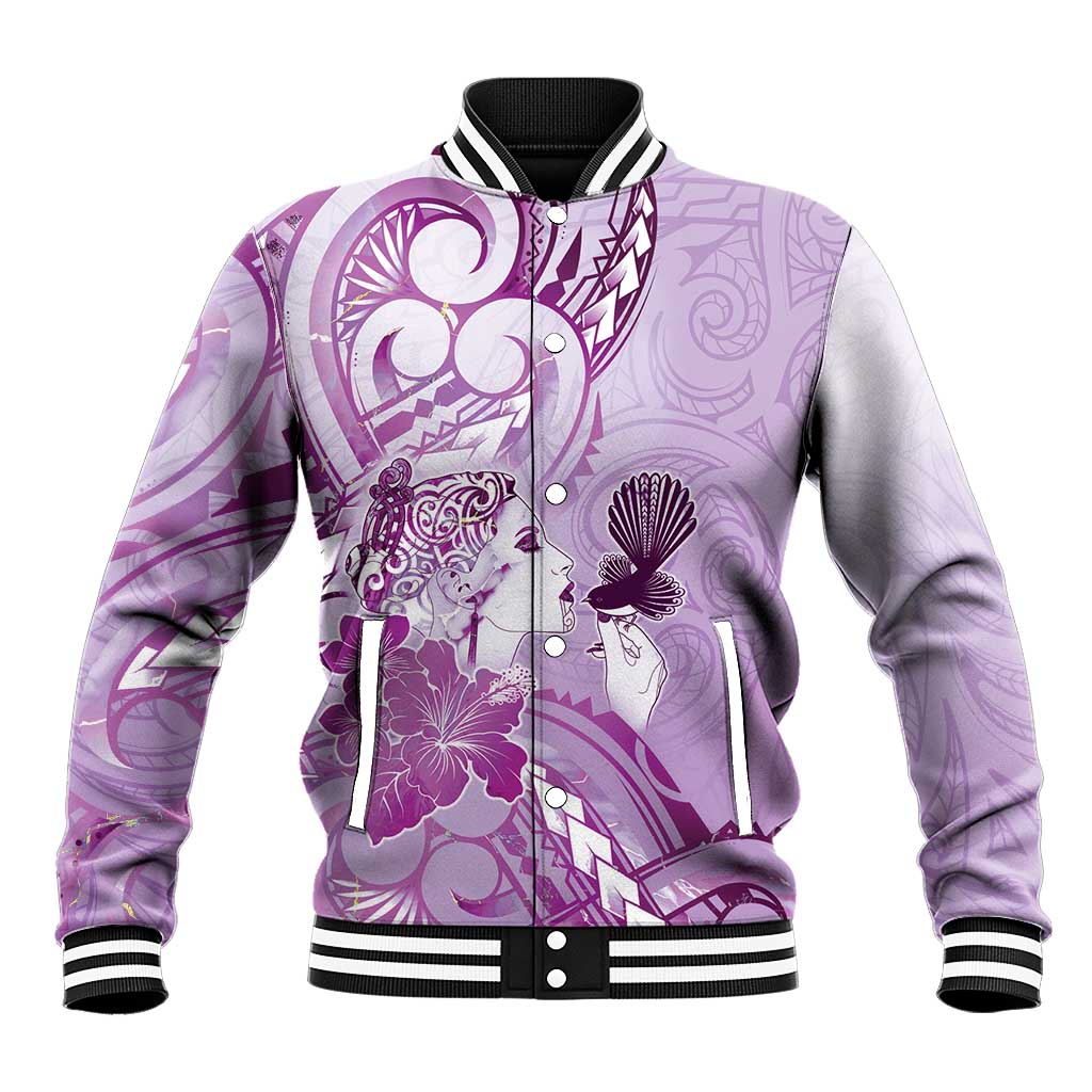 Aotearoa Maori Wahine Baseball Jacket Fantail Bird Purple Gold Marble