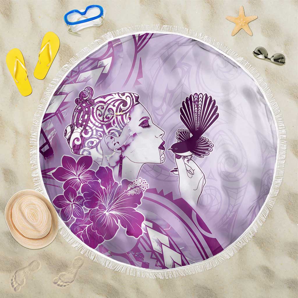 Aotearoa Maori Wahine Beach Blanket Fantail Bird Purple Gold Marble LT05 One Size 150cm Purple - Polynesian Pride