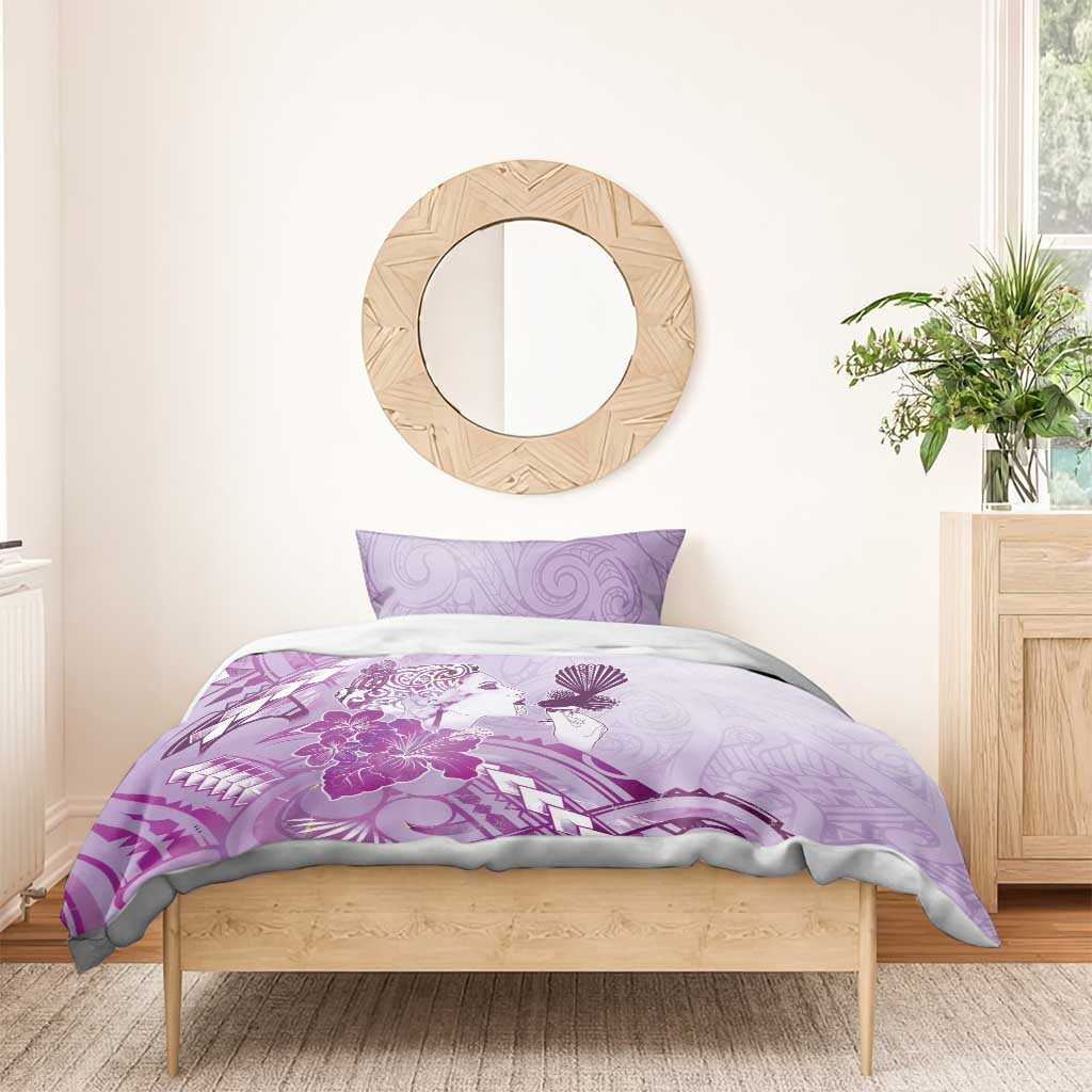 Aotearoa Maori Wahine Bedding Set Fantail Bird Purple Gold Marble