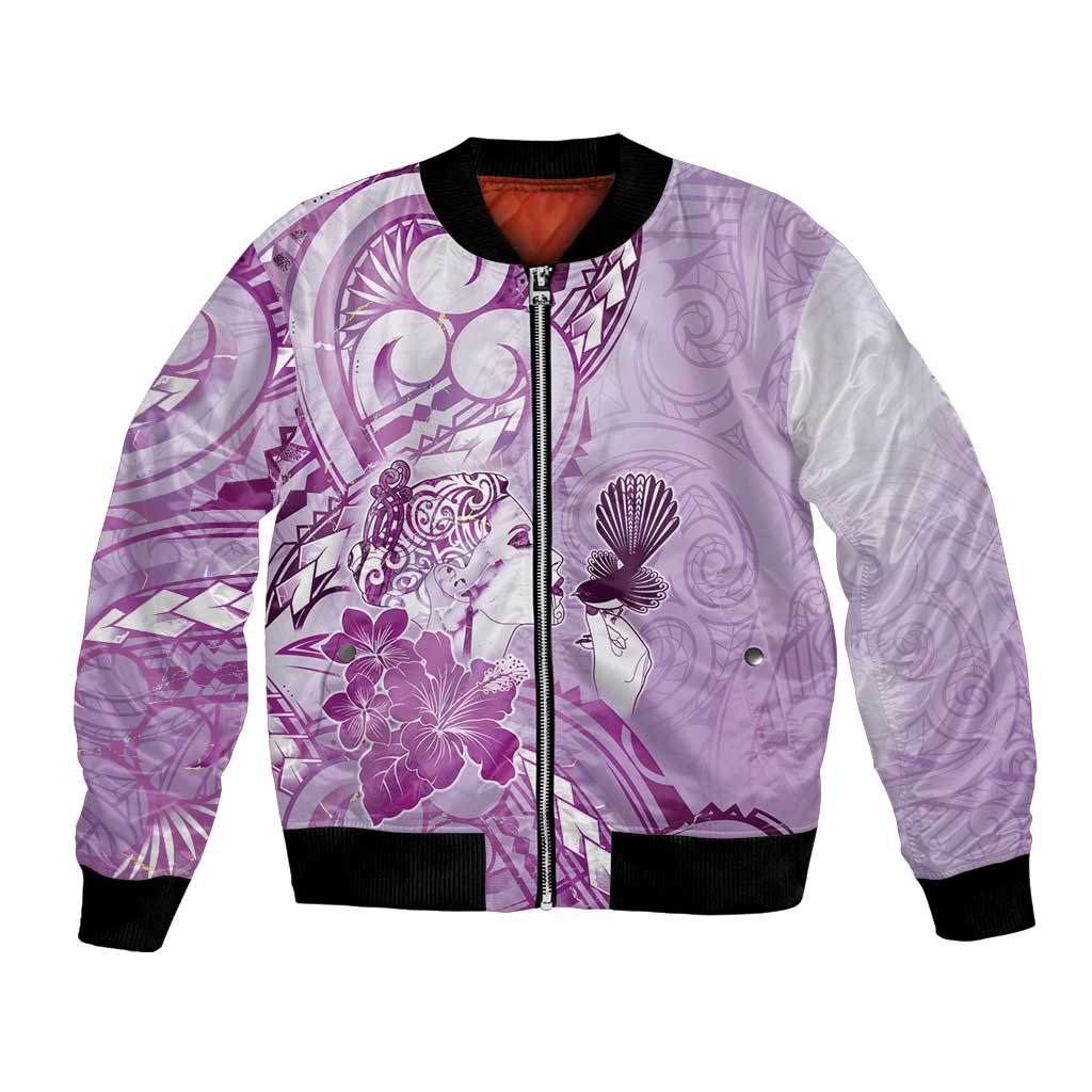 Aotearoa Maori Wahine Bomber Jacket Fantail Bird Purple Gold Marble