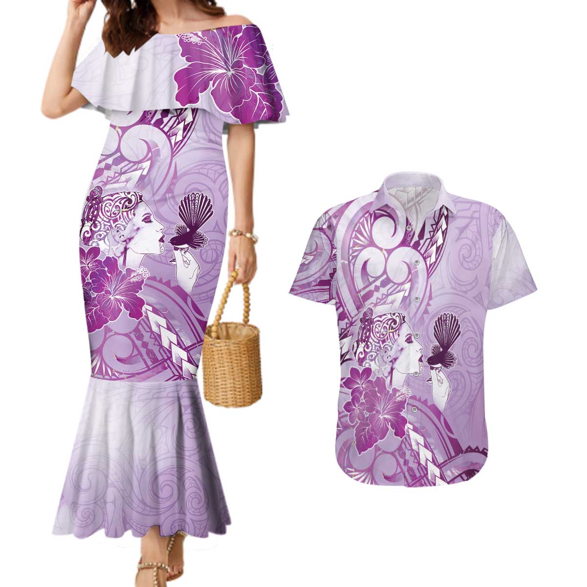 Aotearoa Maori Wahine Couples Matching Mermaid Dress and Hawaiian Shirt Fantail Bird Purple Gold Marble