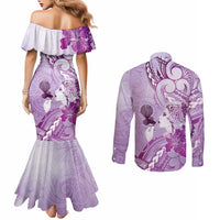 Aotearoa Maori Wahine Couples Matching Mermaid Dress and Long Sleeve Button Shirt Fantail Bird Purple Gold Marble