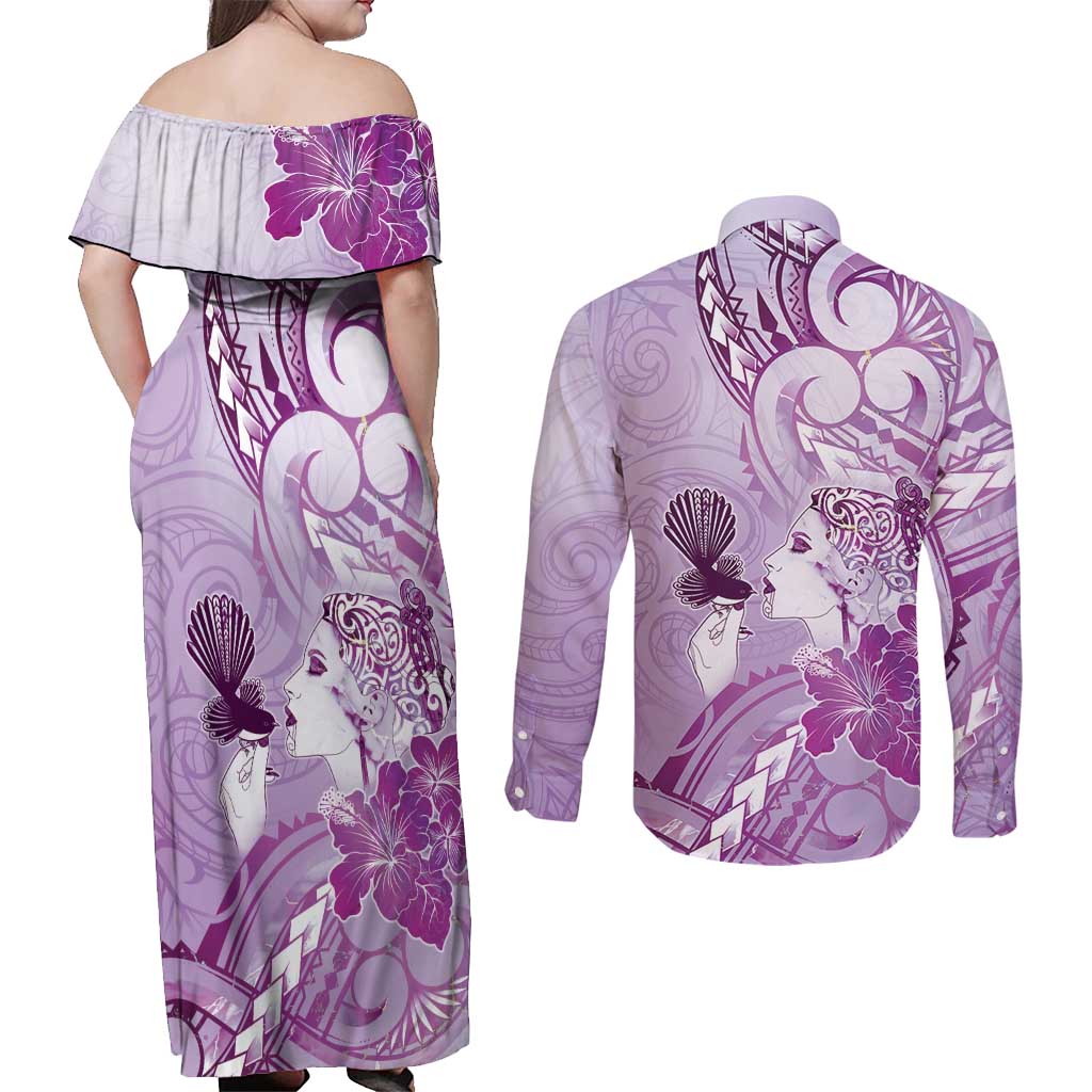 Aotearoa Maori Wahine Couples Matching Off Shoulder Maxi Dress and Long Sleeve Button Shirt Fantail Bird Purple Gold Marble