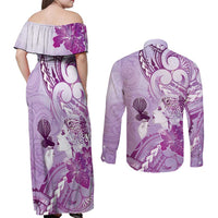 Aotearoa Maori Wahine Couples Matching Off Shoulder Maxi Dress and Long Sleeve Button Shirt Fantail Bird Purple Gold Marble