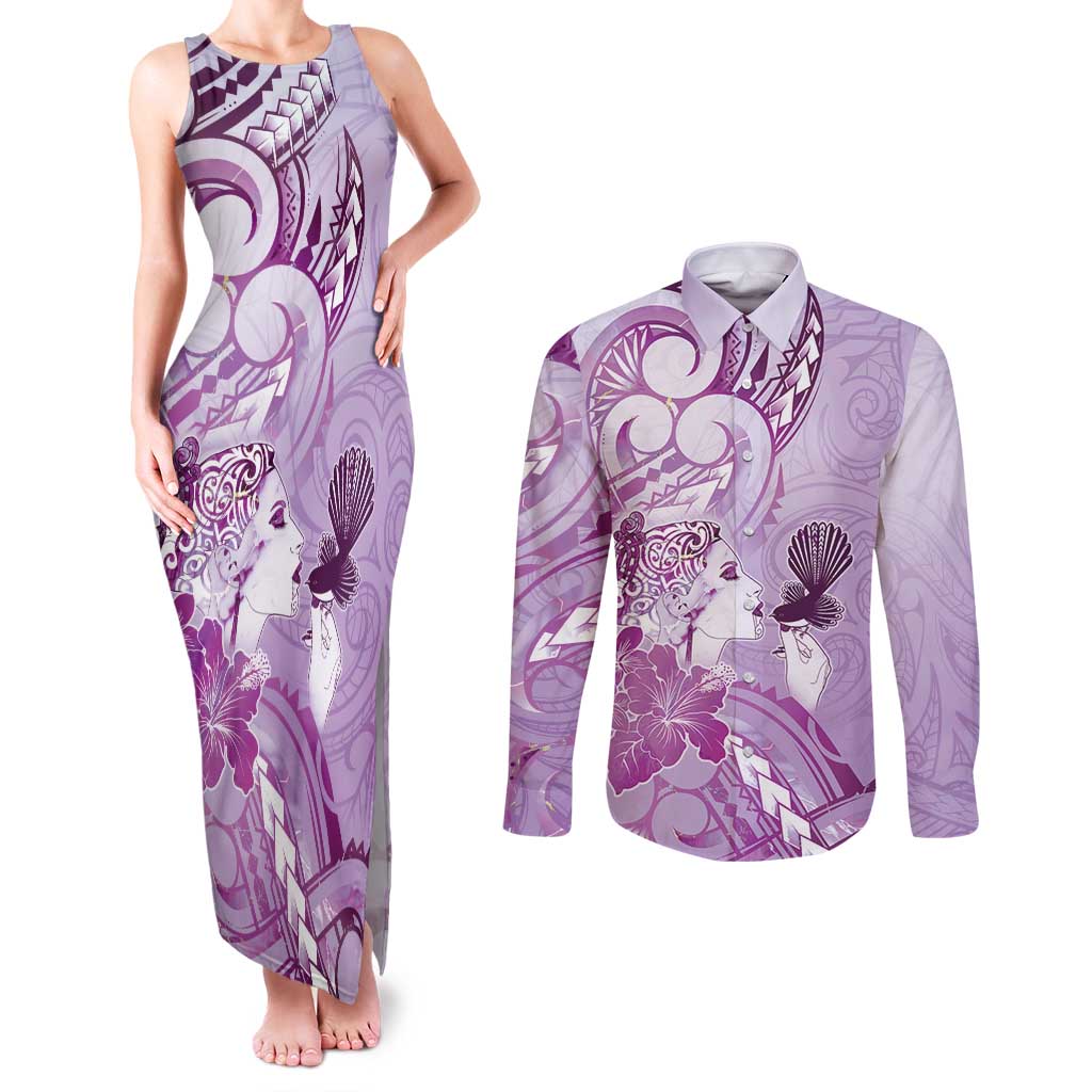Aotearoa Maori Wahine Couples Matching Tank Maxi Dress and Long Sleeve Button Shirt Fantail Bird Purple Gold Marble