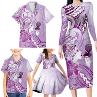 Aotearoa Maori Wahine Family Matching Long Sleeve Bodycon Dress and Hawaiian Shirt Fantail Bird Purple Gold Marble