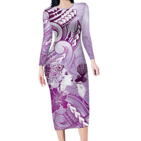 Aotearoa Maori Wahine Family Matching Long Sleeve Bodycon Dress and Hawaiian Shirt Fantail Bird Purple Gold Marble