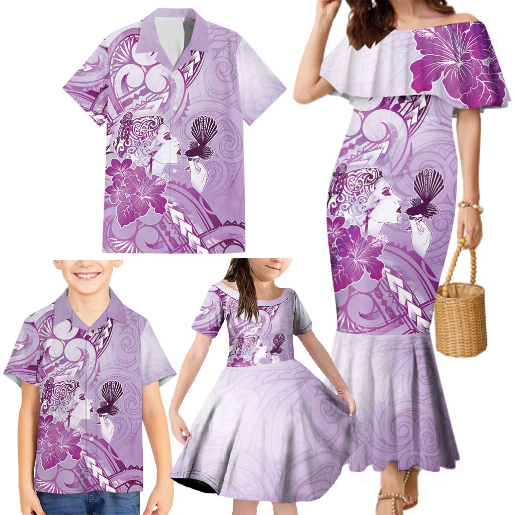 Aotearoa Maori Wahine Family Matching Mermaid Dress and Hawaiian Shirt Fantail Bird Purple Gold Marble