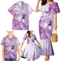 Aotearoa Maori Wahine Family Matching Mermaid Dress and Hawaiian Shirt Fantail Bird Purple Gold Marble