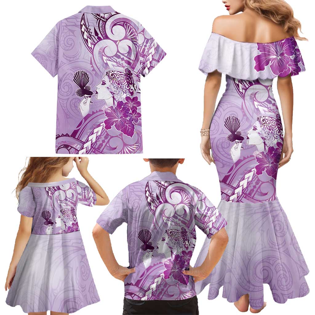 Aotearoa Maori Wahine Family Matching Mermaid Dress and Hawaiian Shirt Fantail Bird Purple Gold Marble